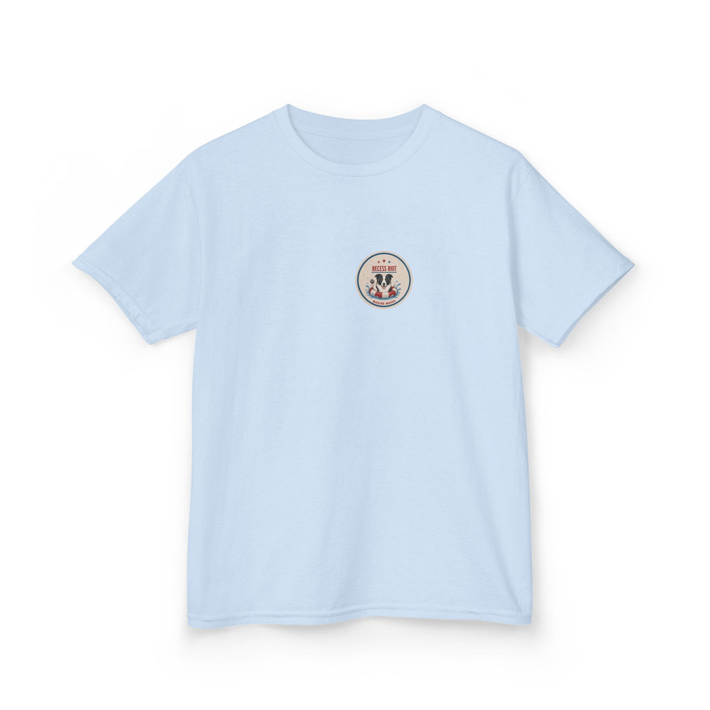 Light blue youth graphic t-shirt featuring Riot the Border Collie swimming in a pool with a vintage patriotic Stars, Stripes & Splashes design and Recess Riot artwork on the back.