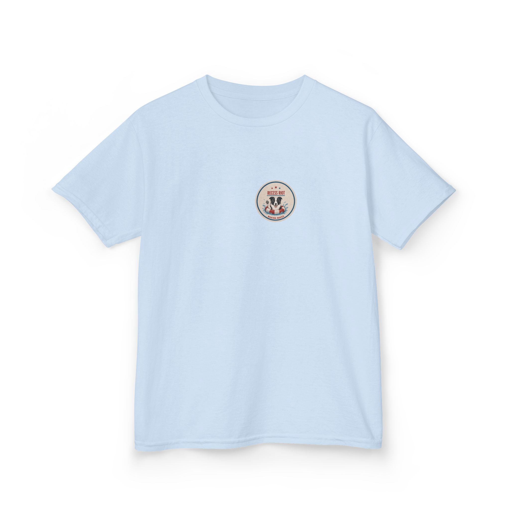 Light blue youth graphic t-shirt featuring Riot the Border Collie swimming in a pool with a vintage patriotic Stars, Stripes & Splashes design and Recess Riot artwork on the back.