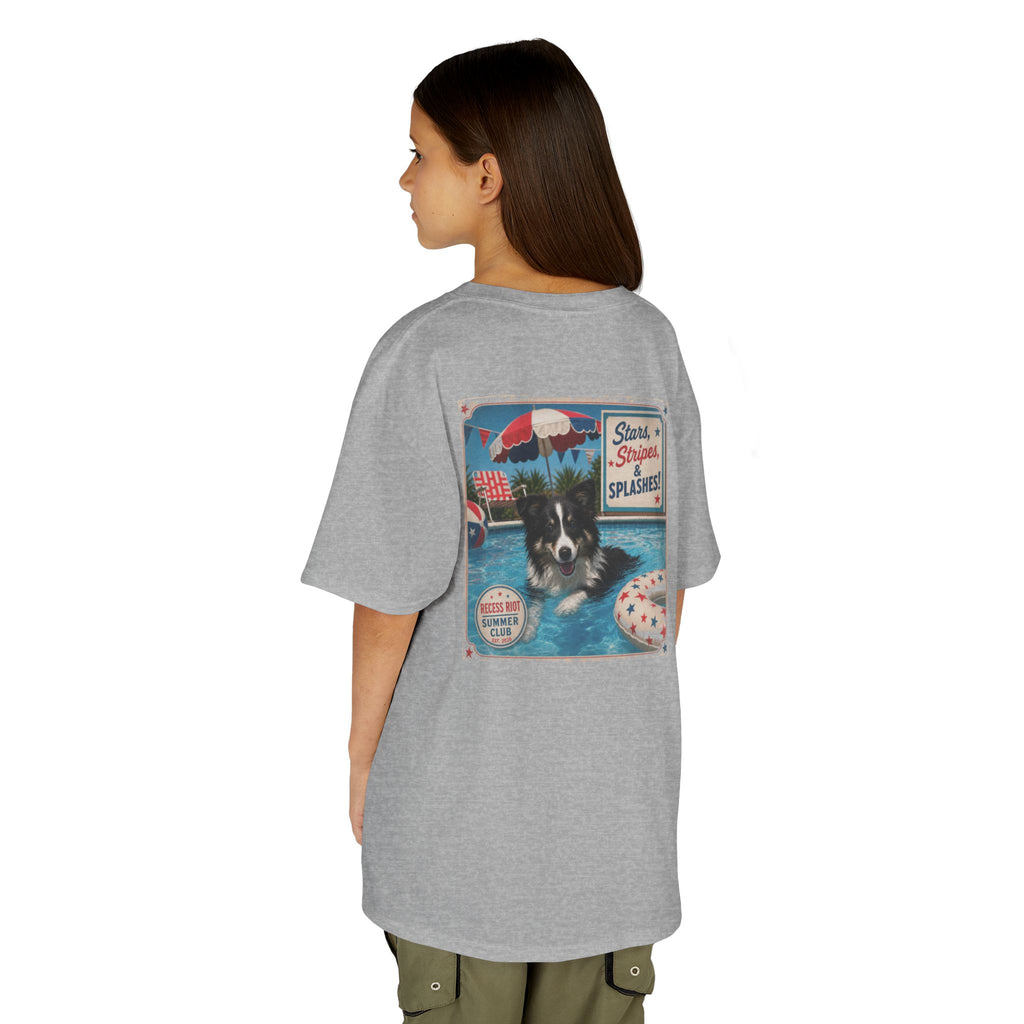 Grey  youth graphic t-shirt featuring Riot the Border Collie swimming in a pool with a vintage patriotic Stars, Stripes & Splashes design and Recess Riot artwork on the back.