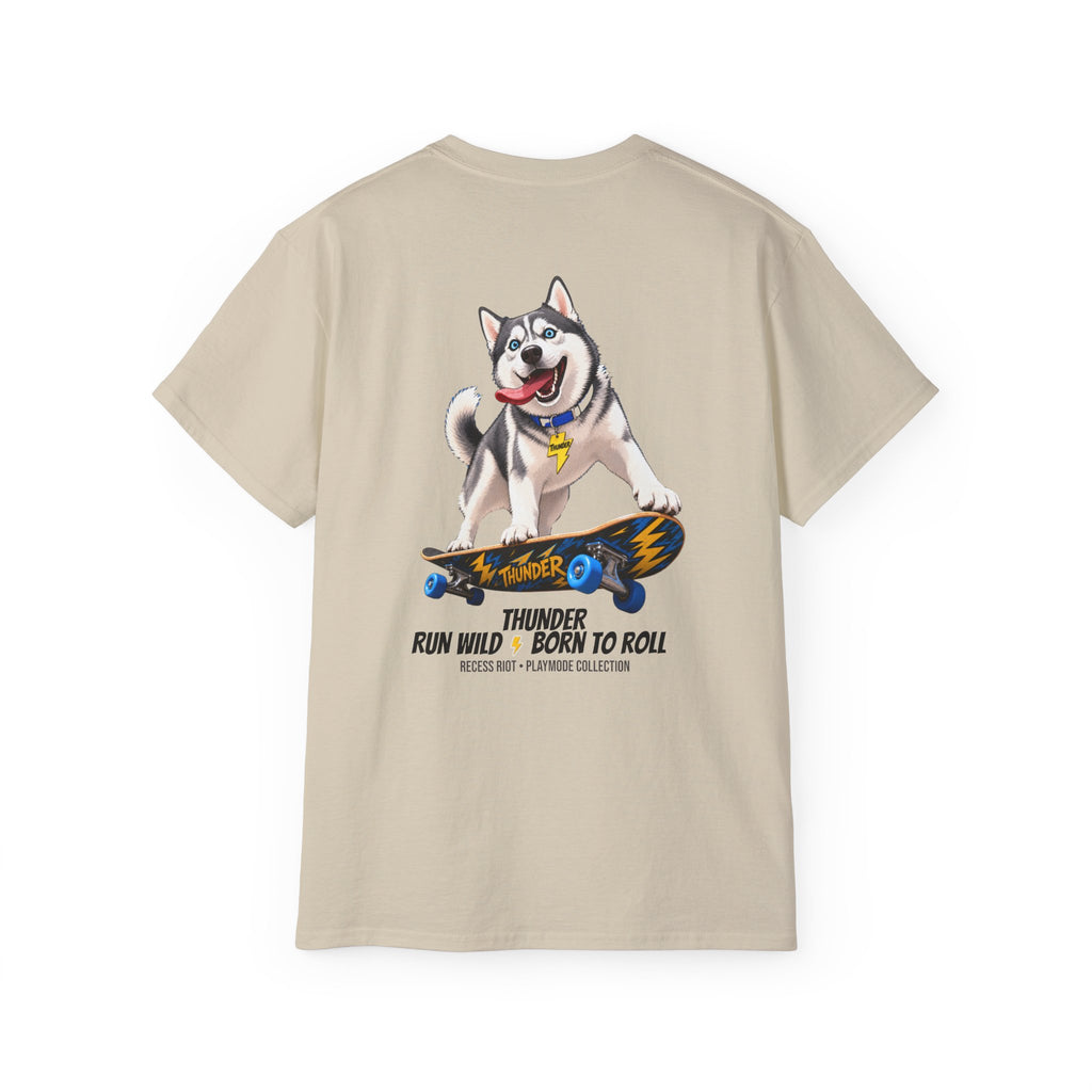 Thunder Run Wild Skateboarding Husky Tee | Recess Riot Tween Graphic Shirt