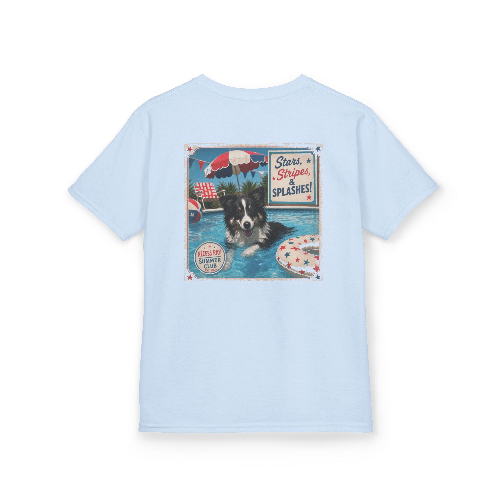 Light blue youth graphic t-shirt featuring Riot the Border Collie swimming in a pool with a vintage patriotic Stars, Stripes & Splashes design and Recess Riot artwork on the back.
