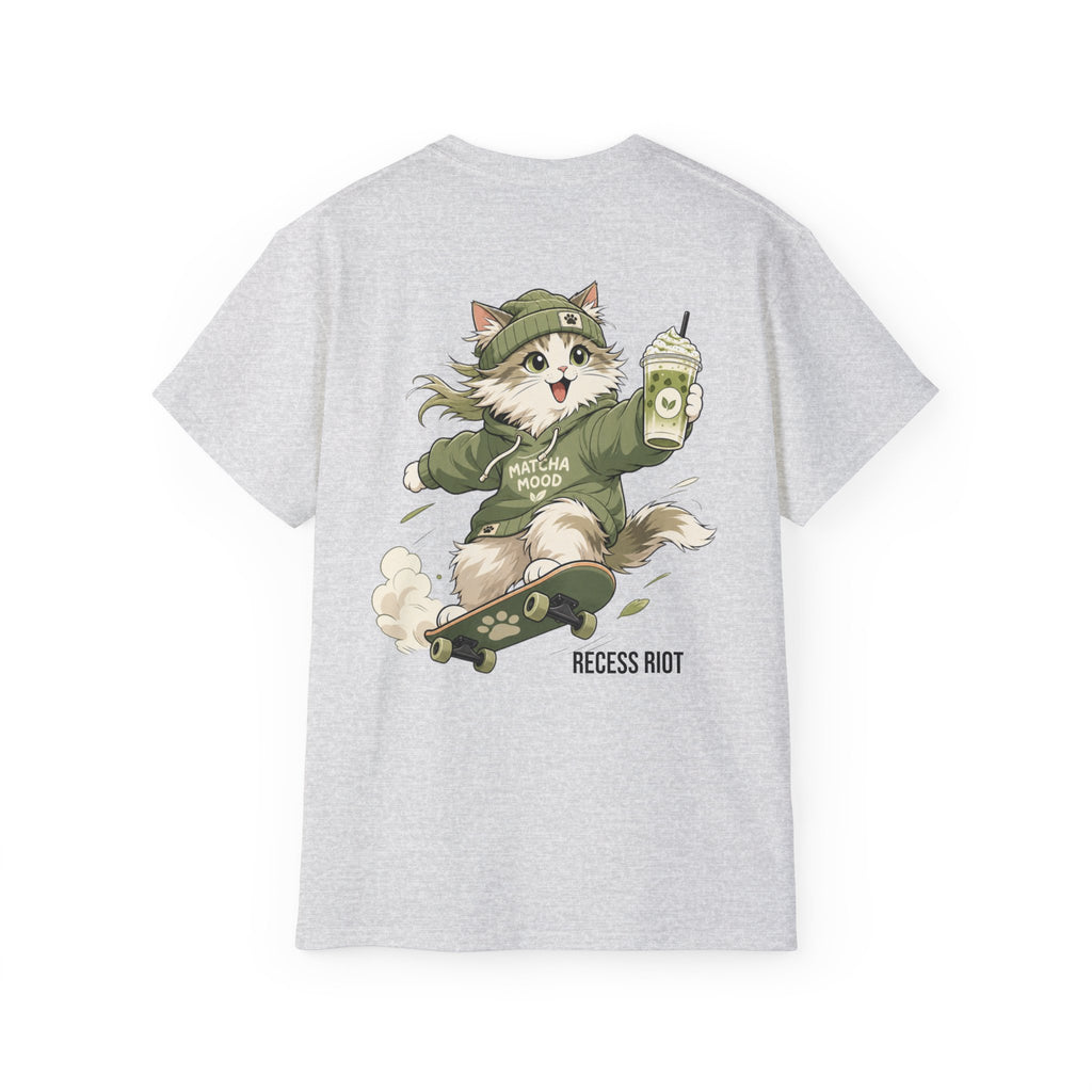 Matcha Mode Graphic Tee | Adult Oversized Matcha Cat T-Shirt | Cute Skateboarding Cat Shirt | Recess Riot