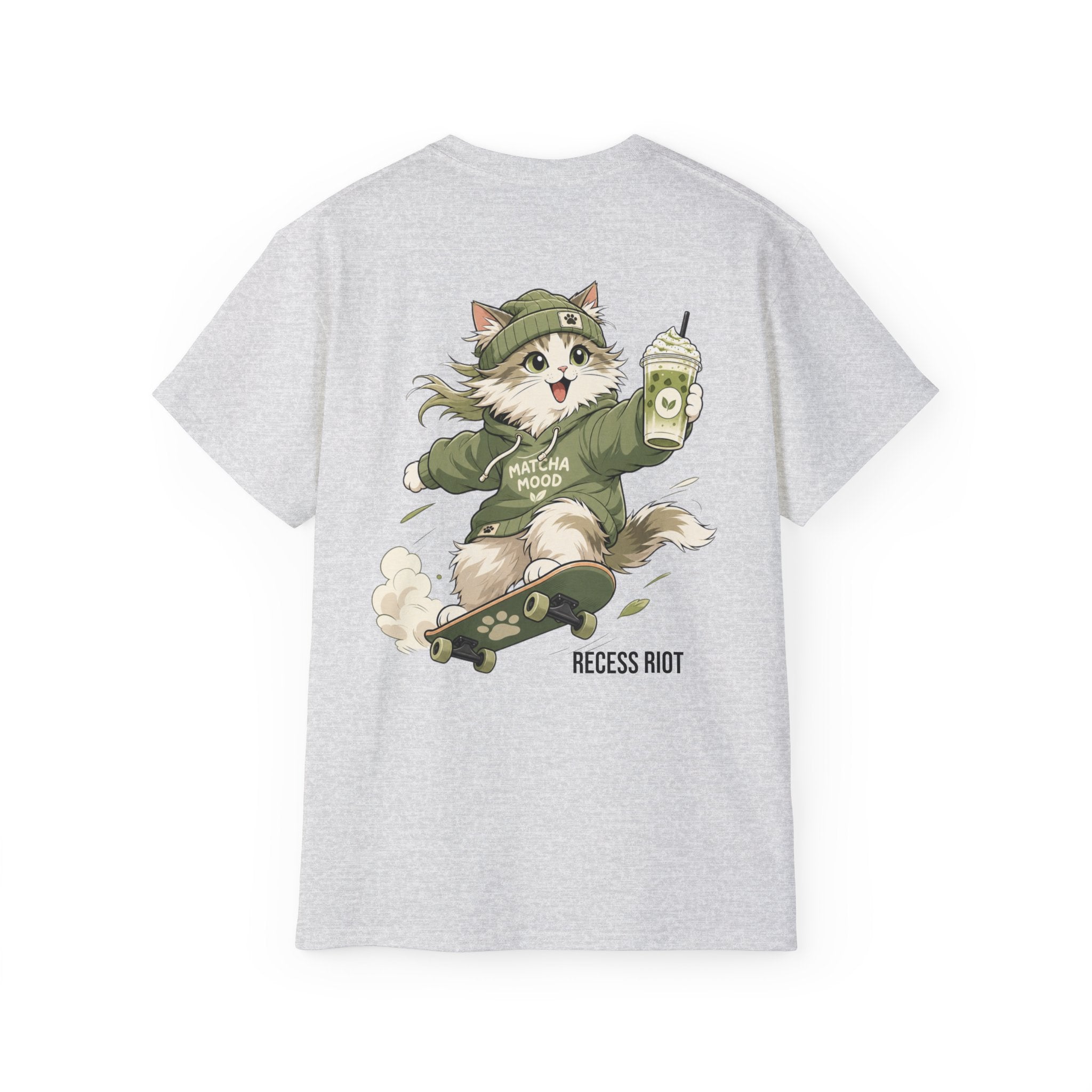 Matcha Mode Graphic Tee | Adult Oversized Matcha Cat T-Shirt | Cute Skateboarding Cat Shirt | Recess Riot