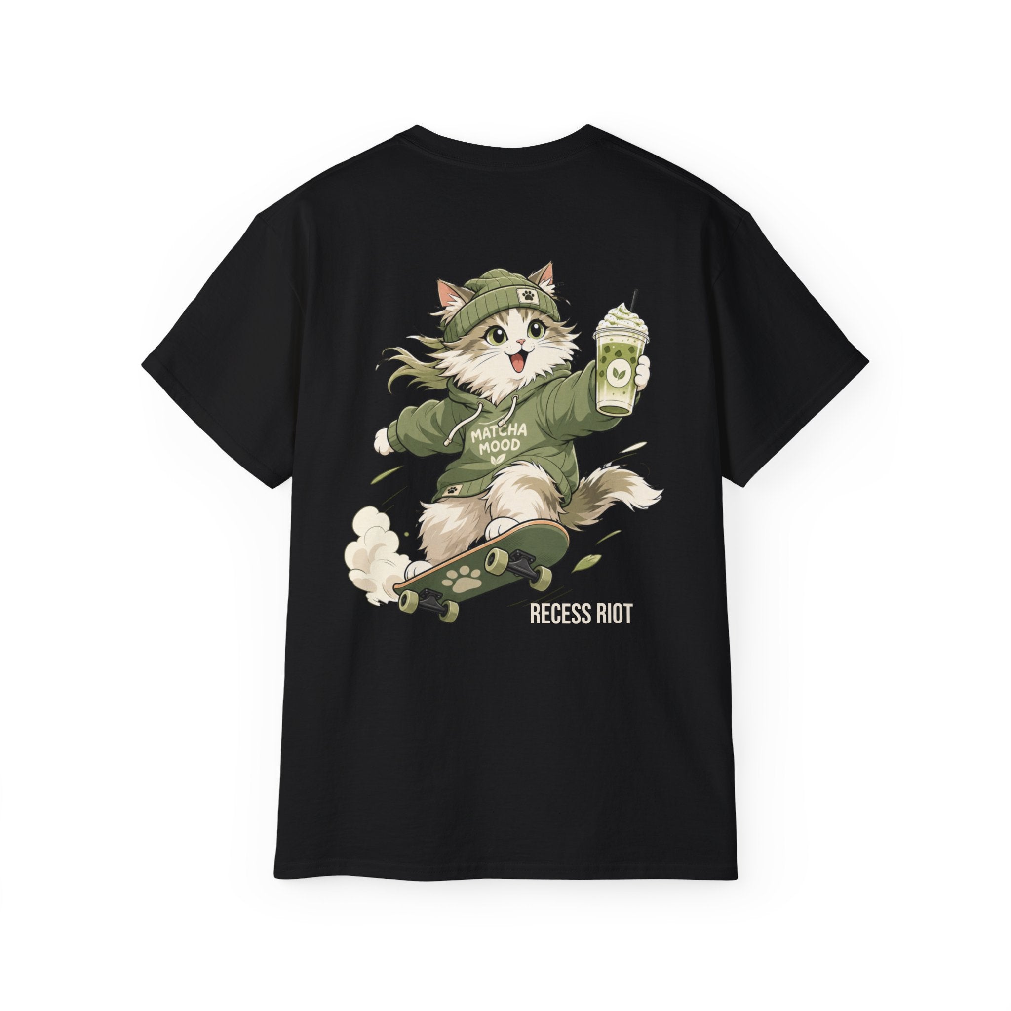 Matcha Mode Graphic Tee | Adult Oversized Matcha Cat T-Shirt | Cute Skateboarding Cat Shirt | Recess Riot