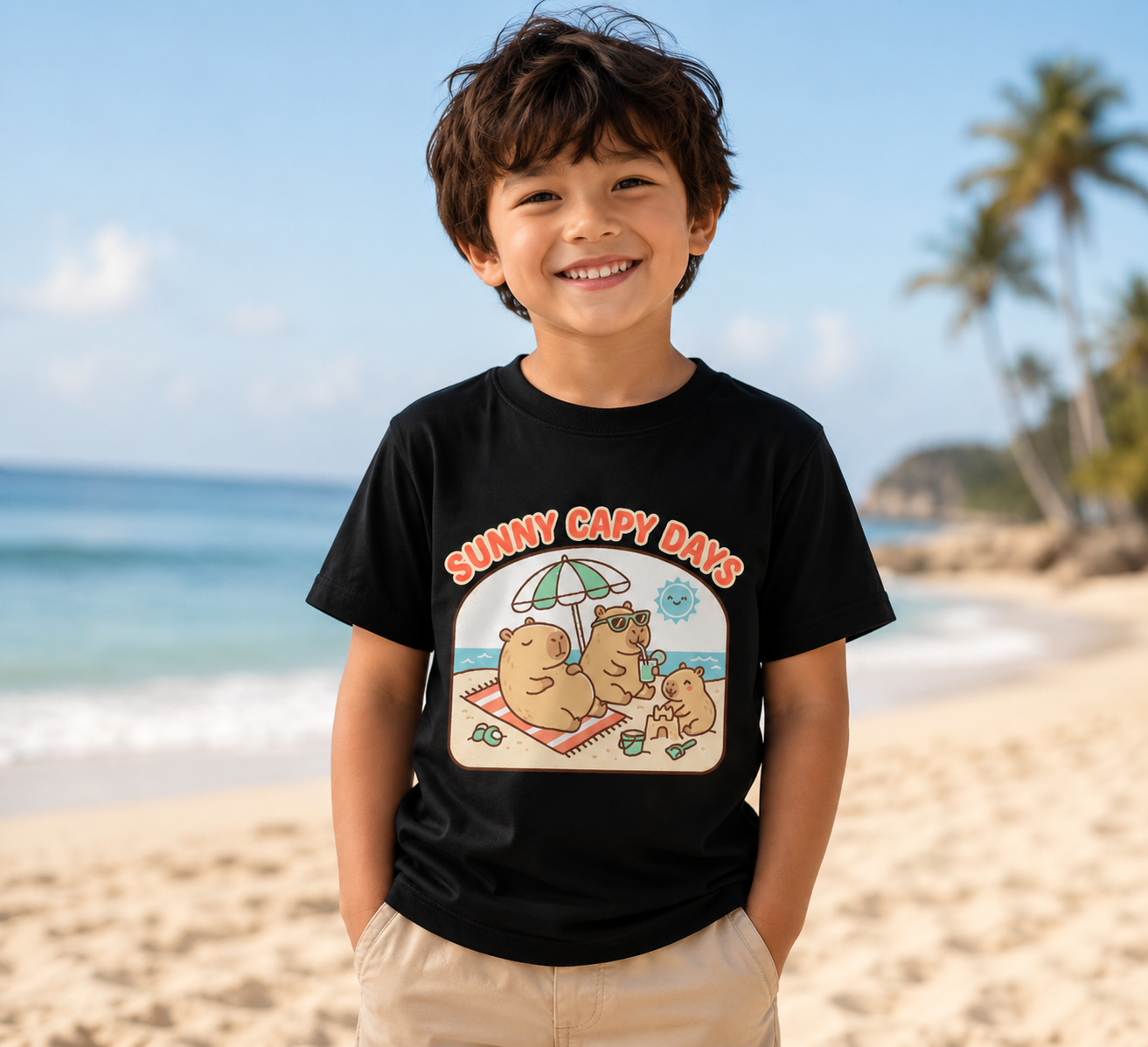 Sunny Capy Days Youth T‑Shirt — Cute Capybara Beach Tee for Kids