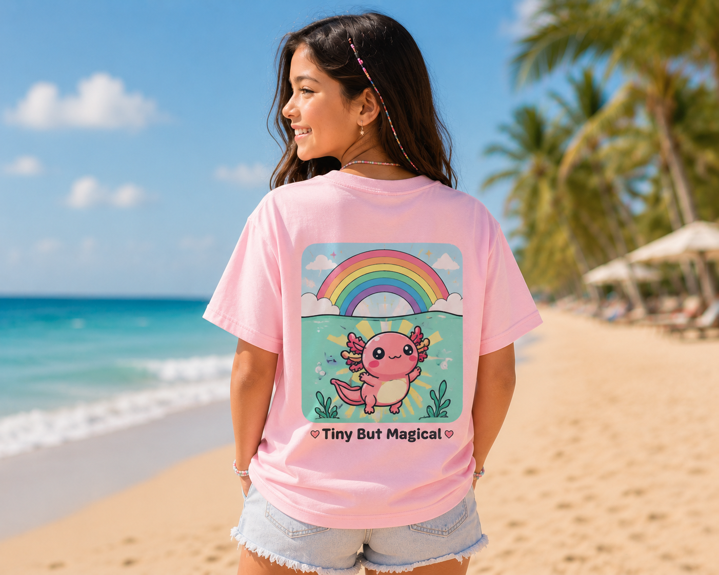 Axolotl Kids T-Shirt — Cute Rainbow "Tiny But Magical" Youth Tee