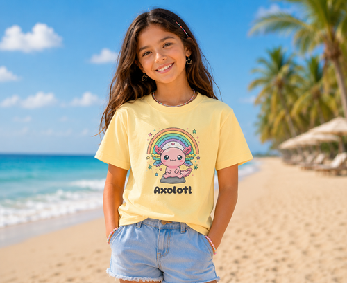 Axolotl Kids T-Shirt — Cute Rainbow "Tiny But Magical" Youth Tee