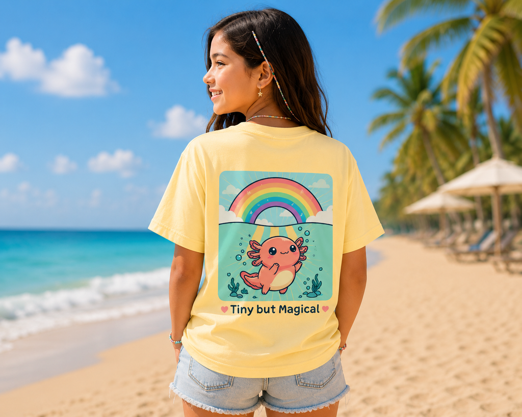 Axolotl Kids T-Shirt — Cute Rainbow "Tiny But Magical" Youth Tee