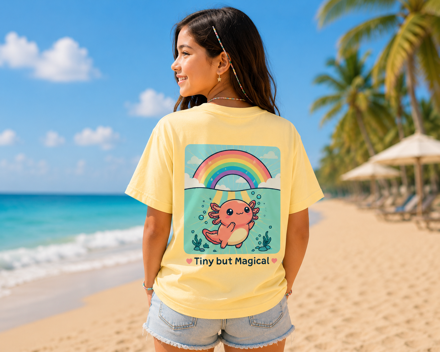 Axolotl Kids T-Shirt — Cute Rainbow "Tiny But Magical" Youth Tee