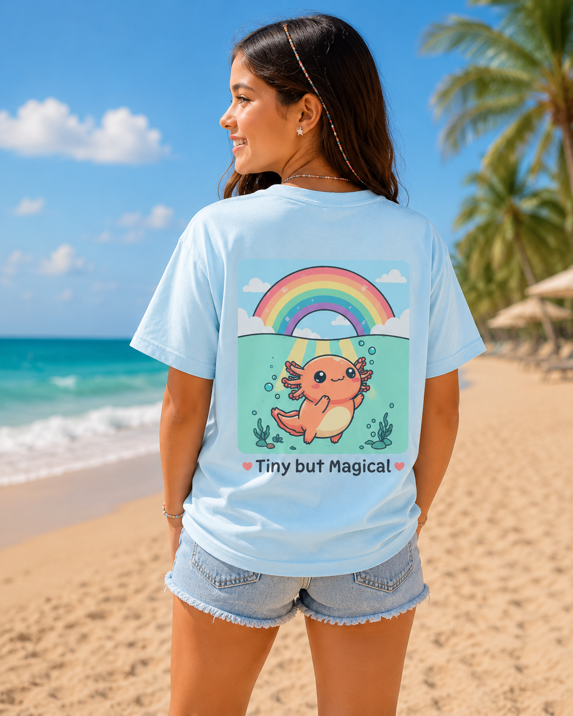 Axolotl Kids T-Shirt — Cute Rainbow "Tiny But Magical" Youth Tee