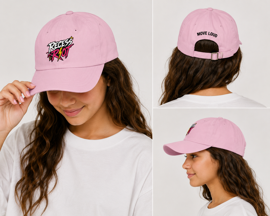 Youth Cap — Pink Embroidered "Recess Riot" Logo with "Move Loud" Back