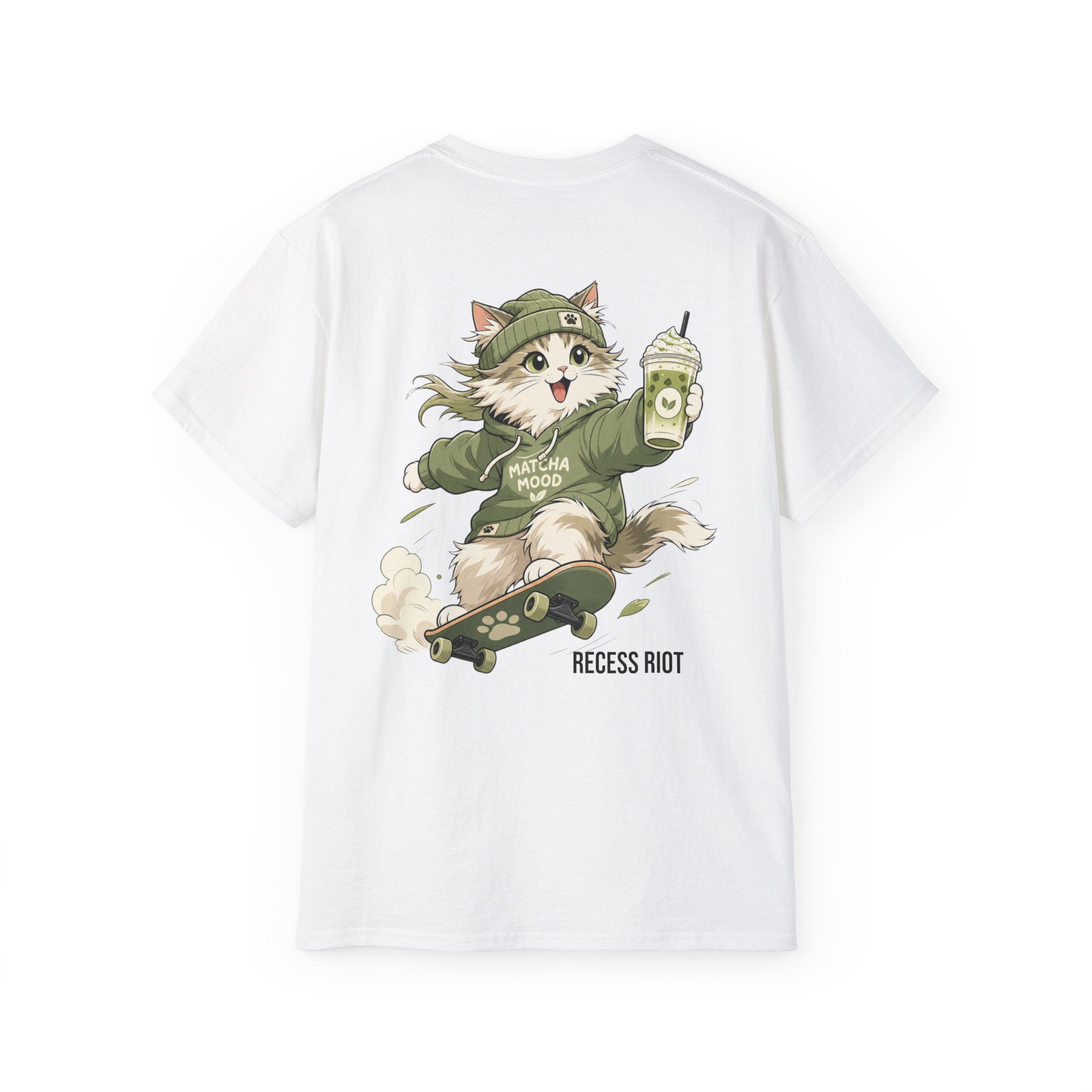 Matcha Mode Graphic Tee | Adult Oversized Matcha Cat T-Shirt | Cute Skateboarding Cat Shirt | Recess Riot