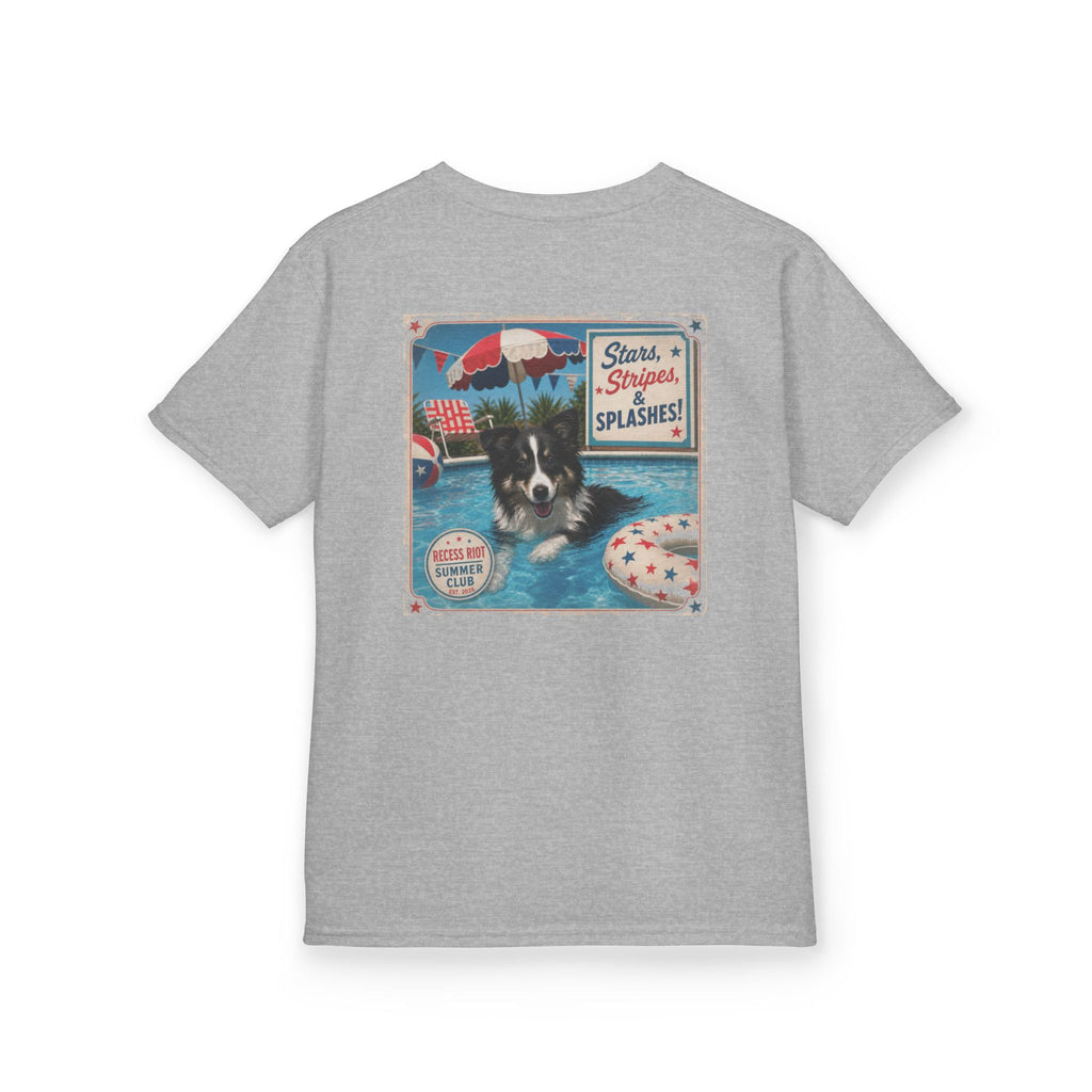 Grey youth graphic t-shirt featuring Riot the Border Collie swimming in a pool with a vintage patriotic Stars, Stripes & Splashes design and Recess Riot artwork on the back.
