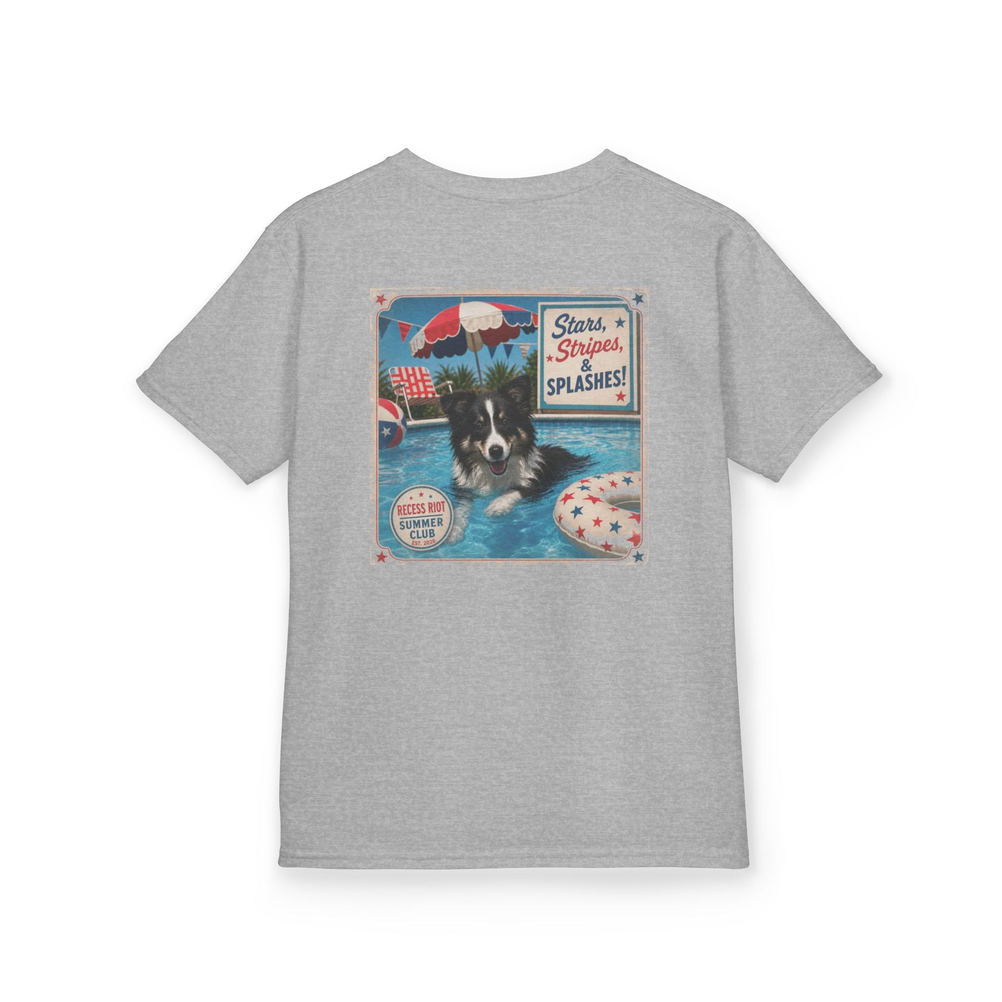 Grey youth graphic t-shirt featuring Riot the Border Collie swimming in a pool with a vintage patriotic Stars, Stripes & Splashes design and Recess Riot artwork on the back.