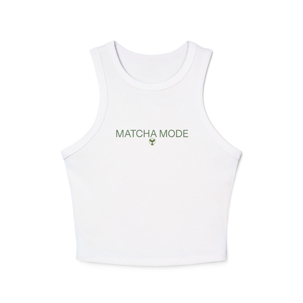 Matcha Mode Racer Tank Top — Cropped Micro Rib Tank with Matcha sprout