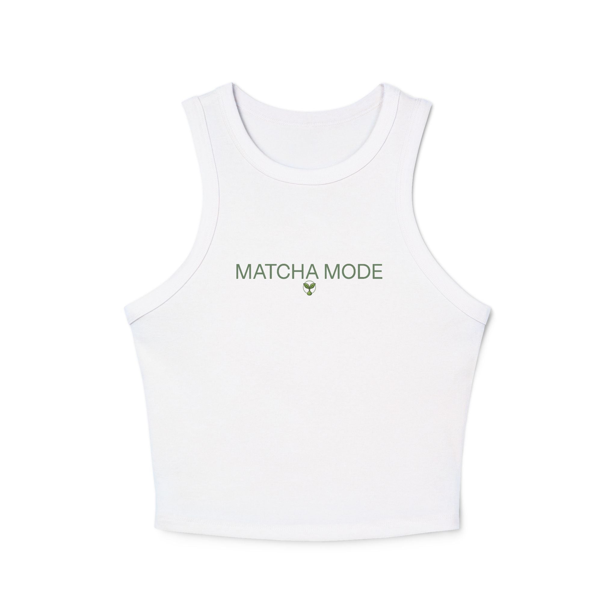 Matcha Mode Racer Tank Top — Cropped Micro Rib Tank with Matcha sprout