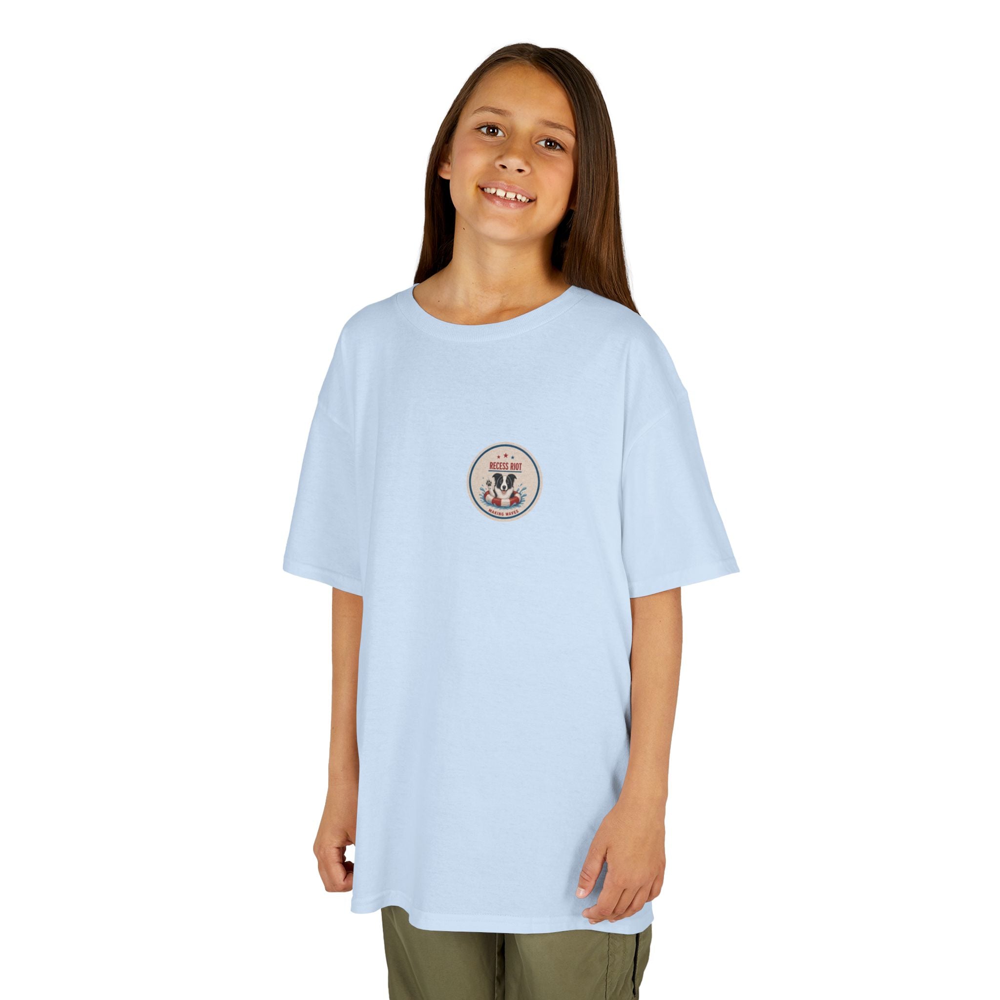 Light blue youth graphic t-shirt featuring Riot the Border Collie swimming in a pool with a vintage patriotic Stars, Stripes & Splashes design and Recess Riot artwork on the back.