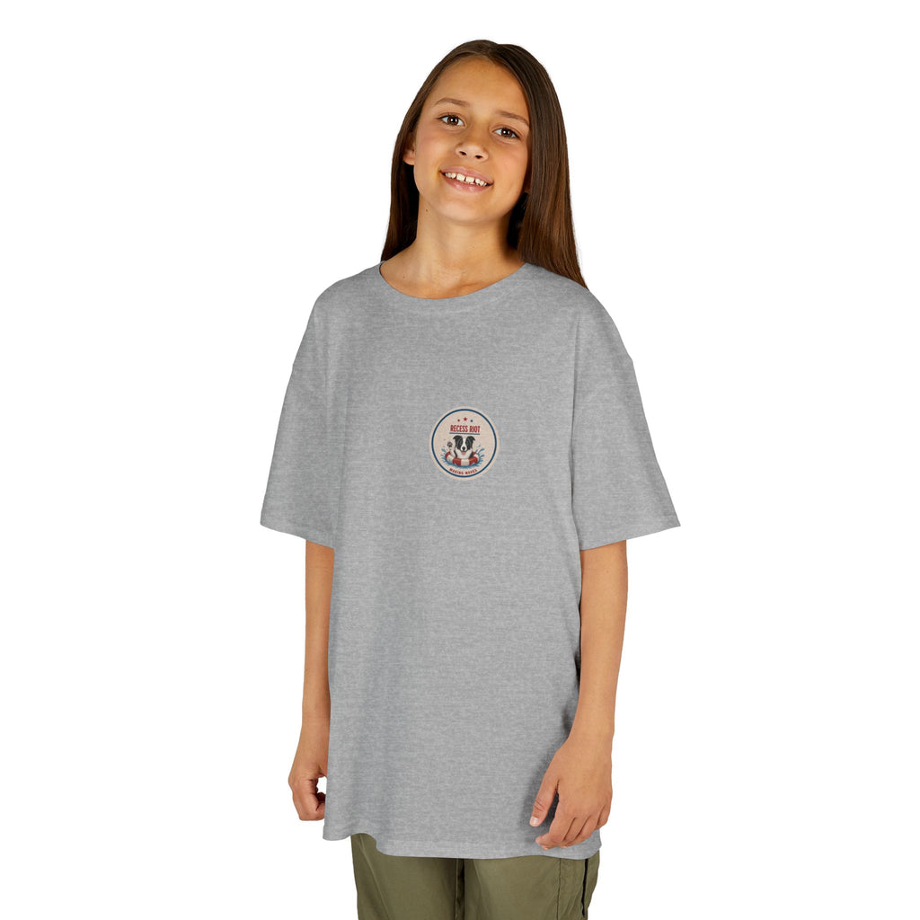 Grey youth graphic t-shirt featuring Riot the Border Collie swimming in a pool with a vintage patriotic Stars, Stripes & Splashes design and Recess Riot artwork on the back.