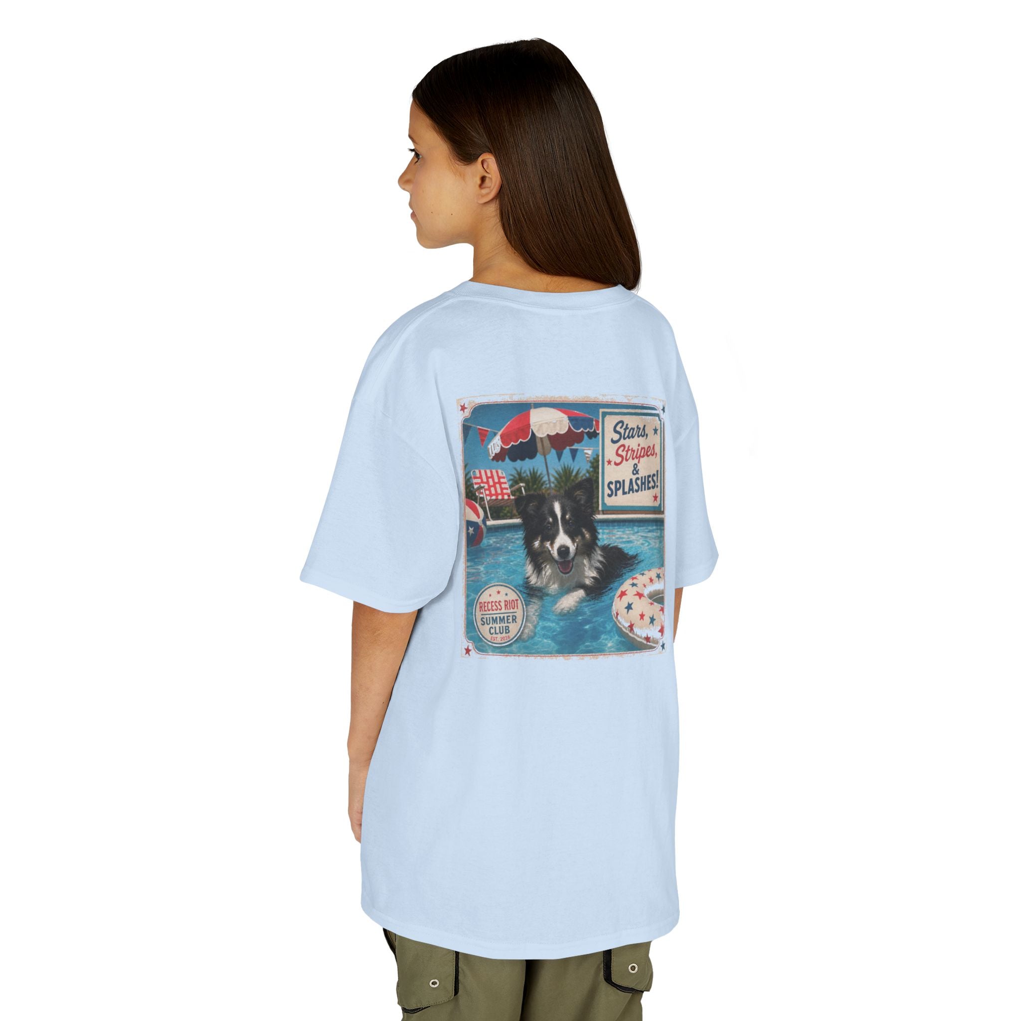 Light blue youth graphic t-shirt featuring Riot the Border Collie swimming in a pool with a vintage patriotic Stars, Stripes & Splashes design and Recess Riot artwork on the back.
