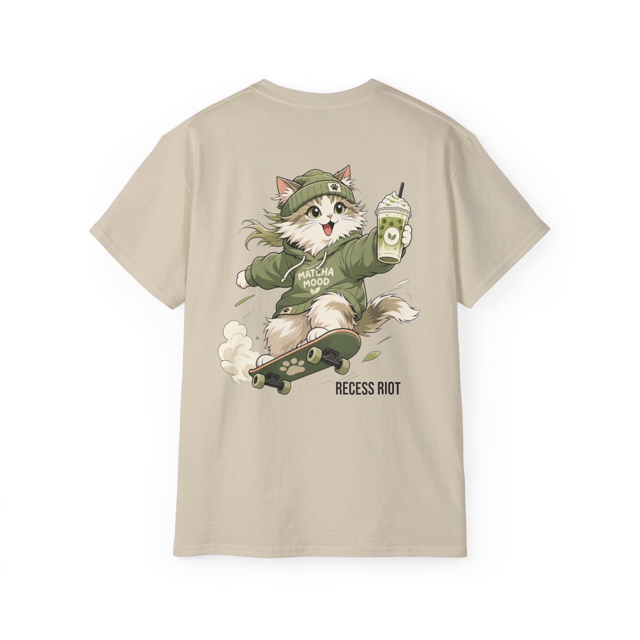 Matcha Mode Graphic Tee | Adult Oversized Matcha Cat T-Shirt | Cute Skateboarding Cat Shirt | Recess Riot